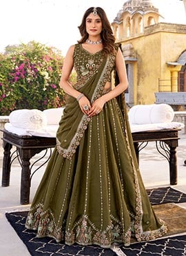 Mehendi Green Crush Silk Embroidered Sequins Lehenga