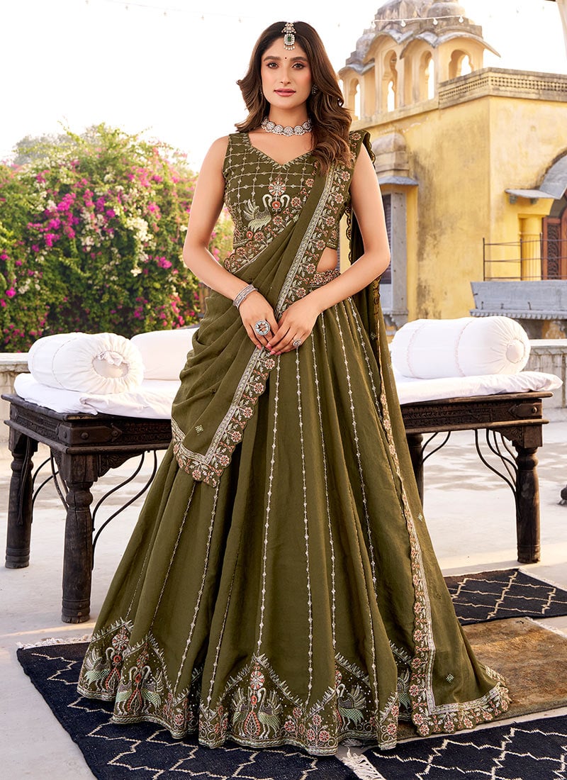 Mehendi Green Crush Silk Embroidered Sequins Lehenga Wedding Wear