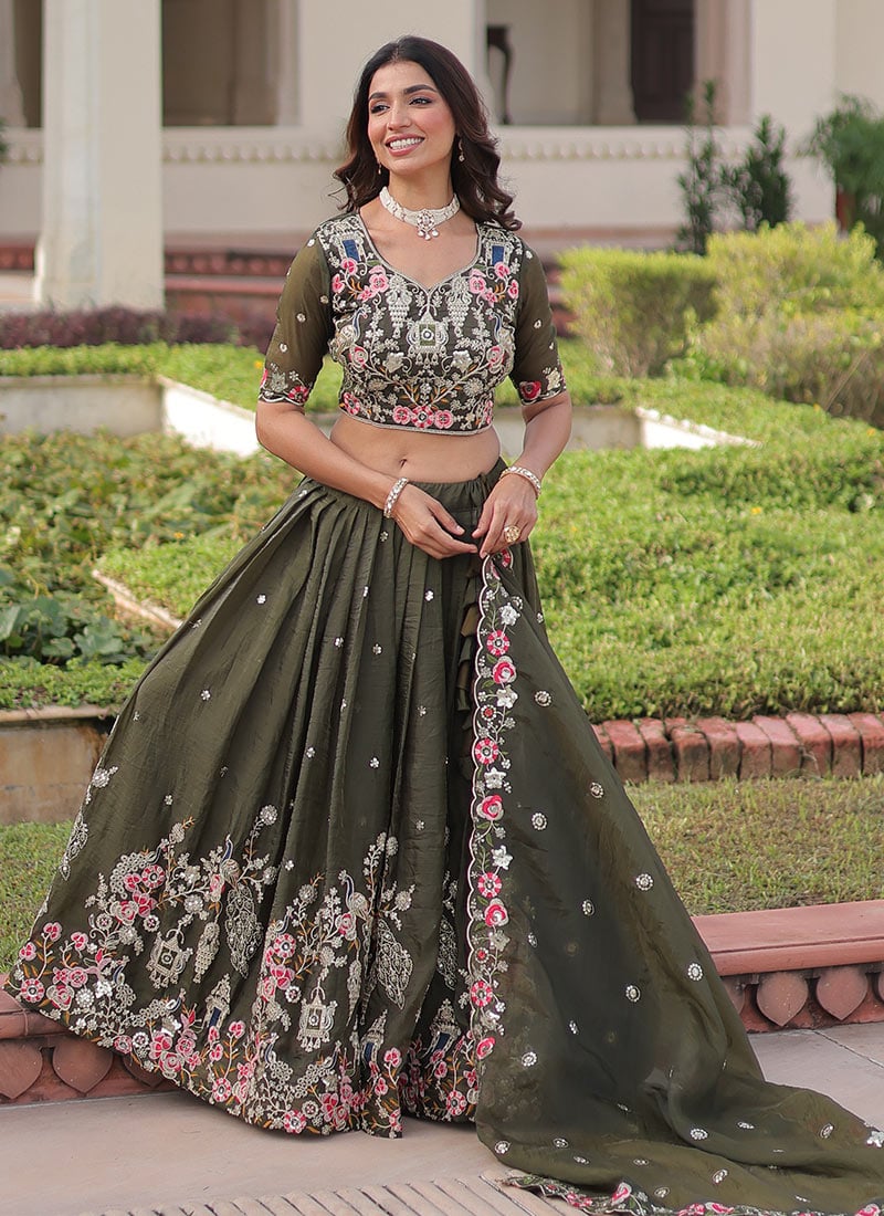 Mehendi Green Crush Silk Zari Embroidered Sequins Lehenga Wedding Wear