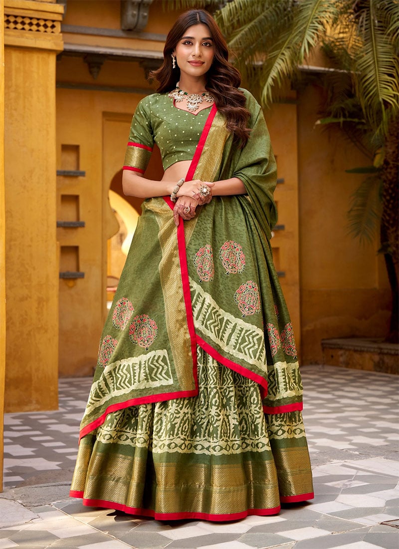 Mehendi Green Dola Silk Batik Printed Zari Lehenga Festive Wear