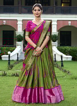 Mehendi Green Dola Silk Shibori Print Zari Woven Lehenga Festive Wear
