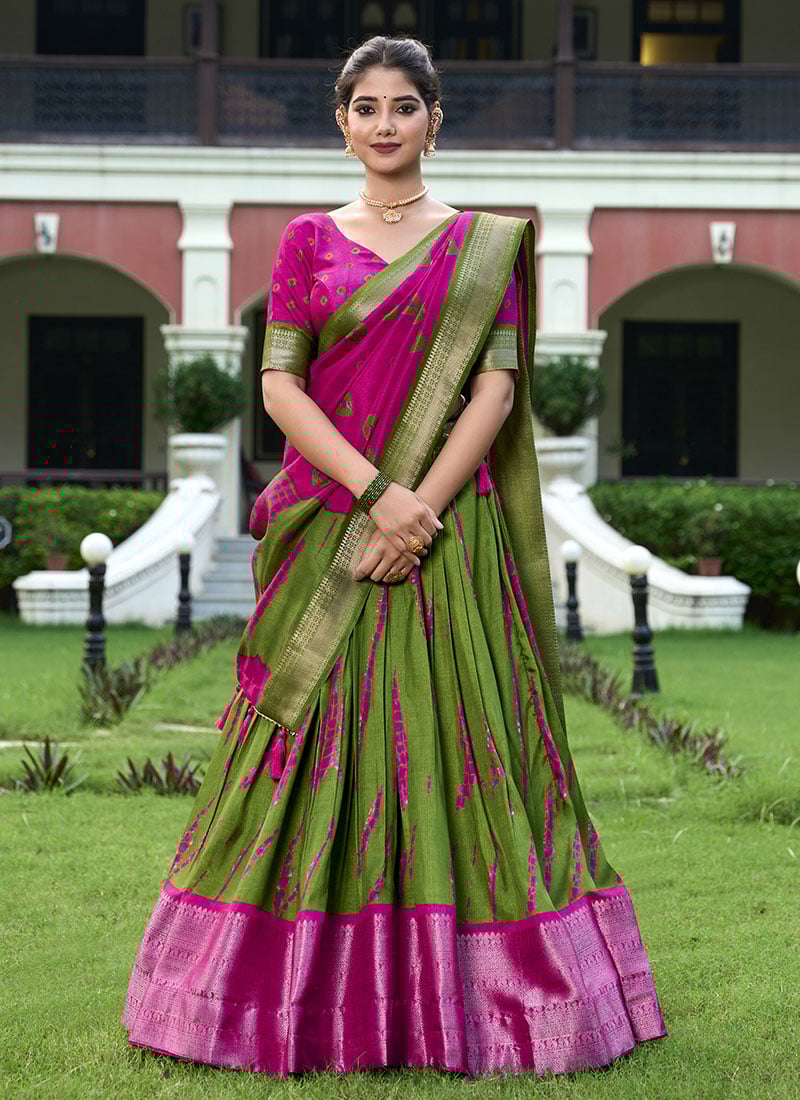 Mehendi Green Dola Silk Shibori Print Zari Woven Lehenga Festive Wear