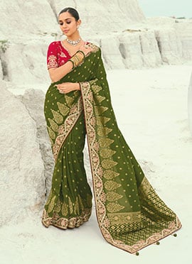 Mehendi Green Dola Viscose Silk Zari Embroidered Sequins With Moti Work Saree