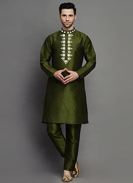 Mehendi Green Dupion Embroidered Kurta Pyjama