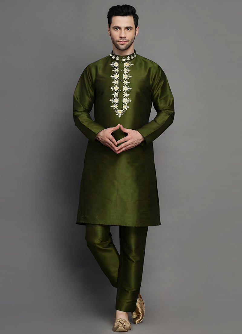 Mehendi Green Dupion Embroidered Kurta Pyjama Festive Wear