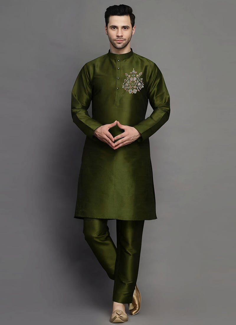 Mehendi Green Dupion Embroidered Kurta Pyjama Festive Wear