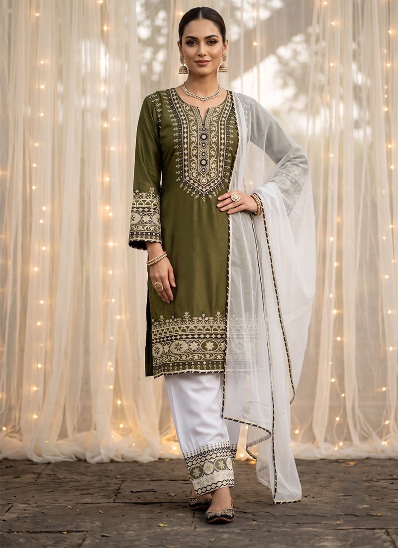 Mehendi Green Embroidered Mirror Work Silk Salwar Suit Festive Wear