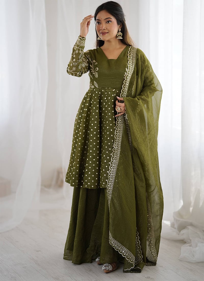 Mehendi Green Embroidered Sequins Crunchy Silk Palazzo Suit Festive Wear