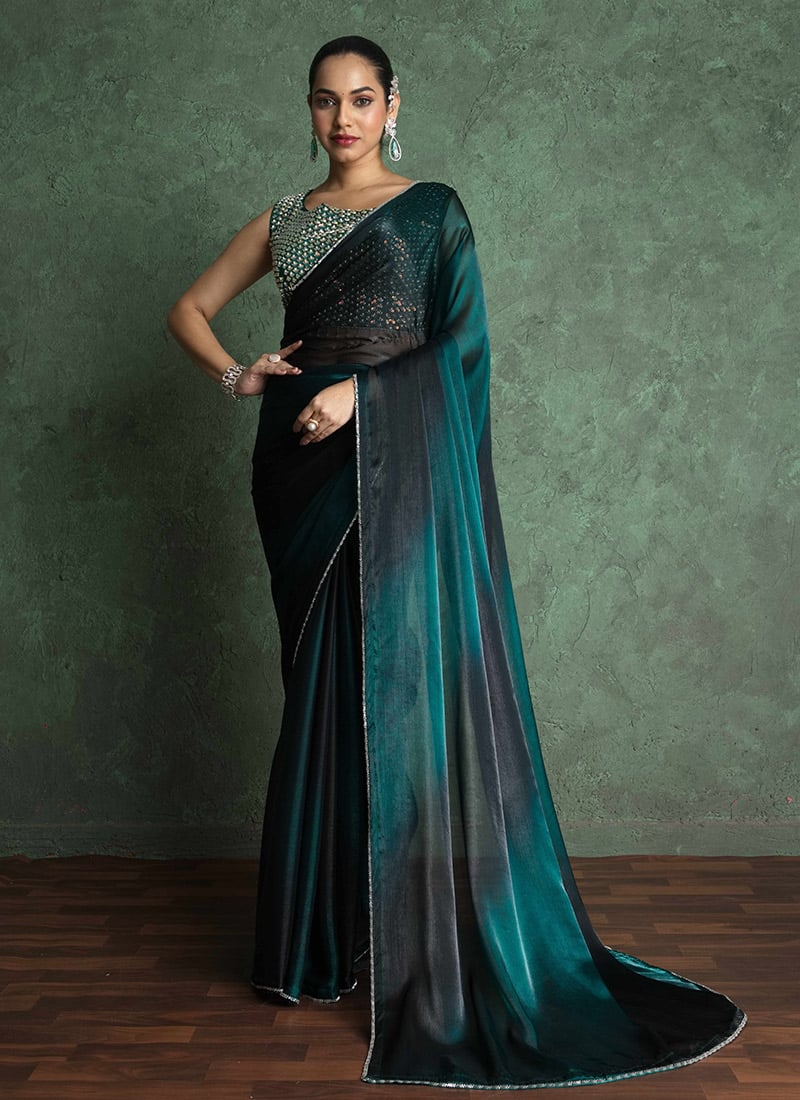 Mehendi Green Fandy Chiffon Embroidered Cutdana Saree Border Festive Wear