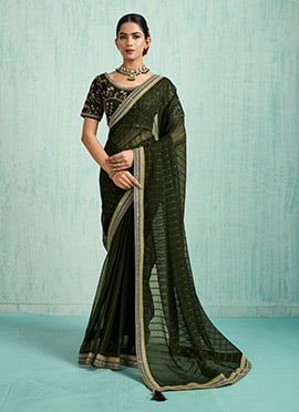Mehendi Green Faux Chiffon Zari Embroidered Sequins Saree
