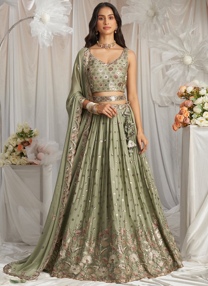 Mehendi Green Faux Georgette Cord Work Emboidered Sequins Lehenga Wedding Wear