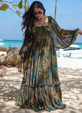 Mehendi Green Faux Georgette Digital Print Regal Anarkali Gown