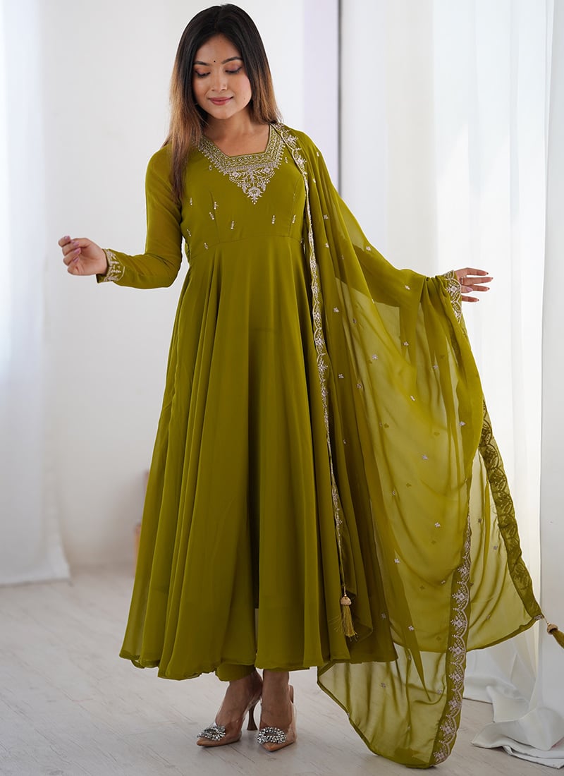 Mehendi Green Faux Georgette Embroidered Anarkali Suit Festive Wear