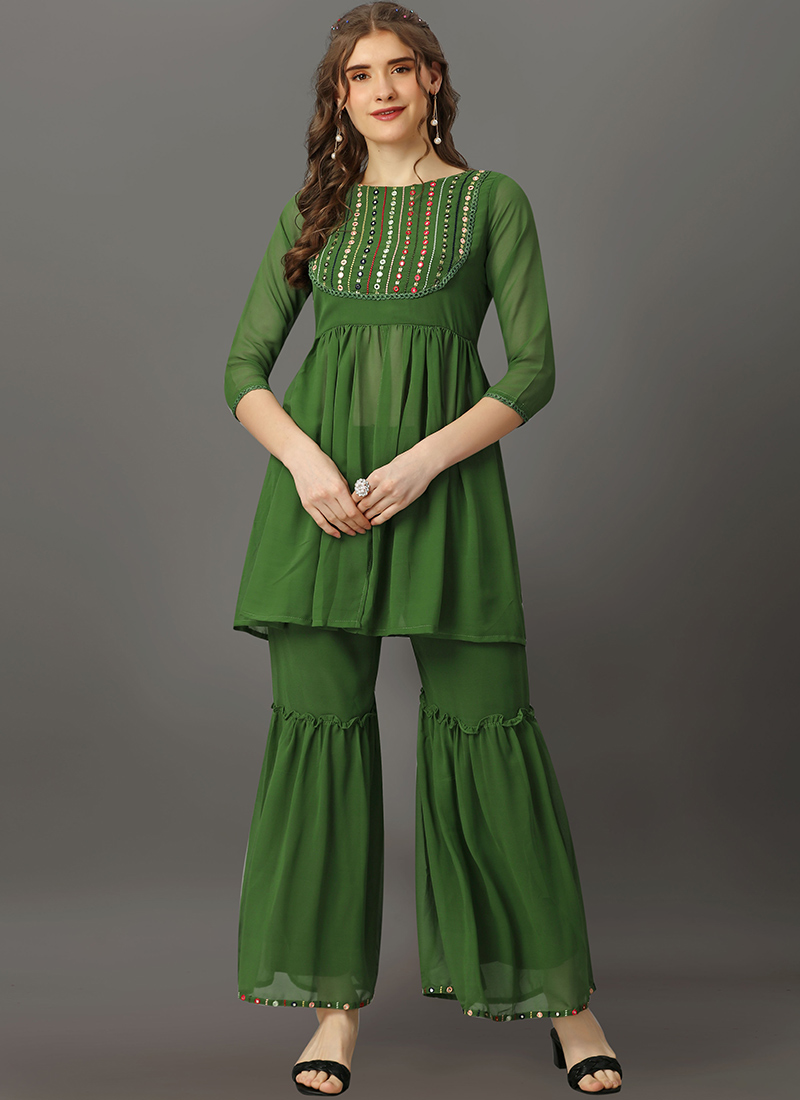 Mehendi Green Georgette Embroidered Kurta, Sharara & Dupatta Set