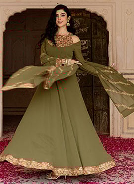 Mehendi Green Faux Georgette Embroidered Sequins Anarkali Suit