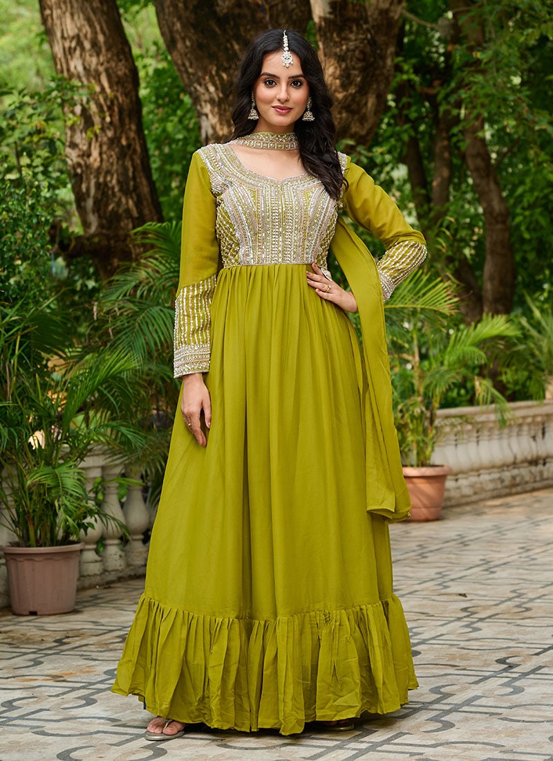 Mehendi Green Faux Georgette Embroidered Sequins Anarkali Suit Festive Wear