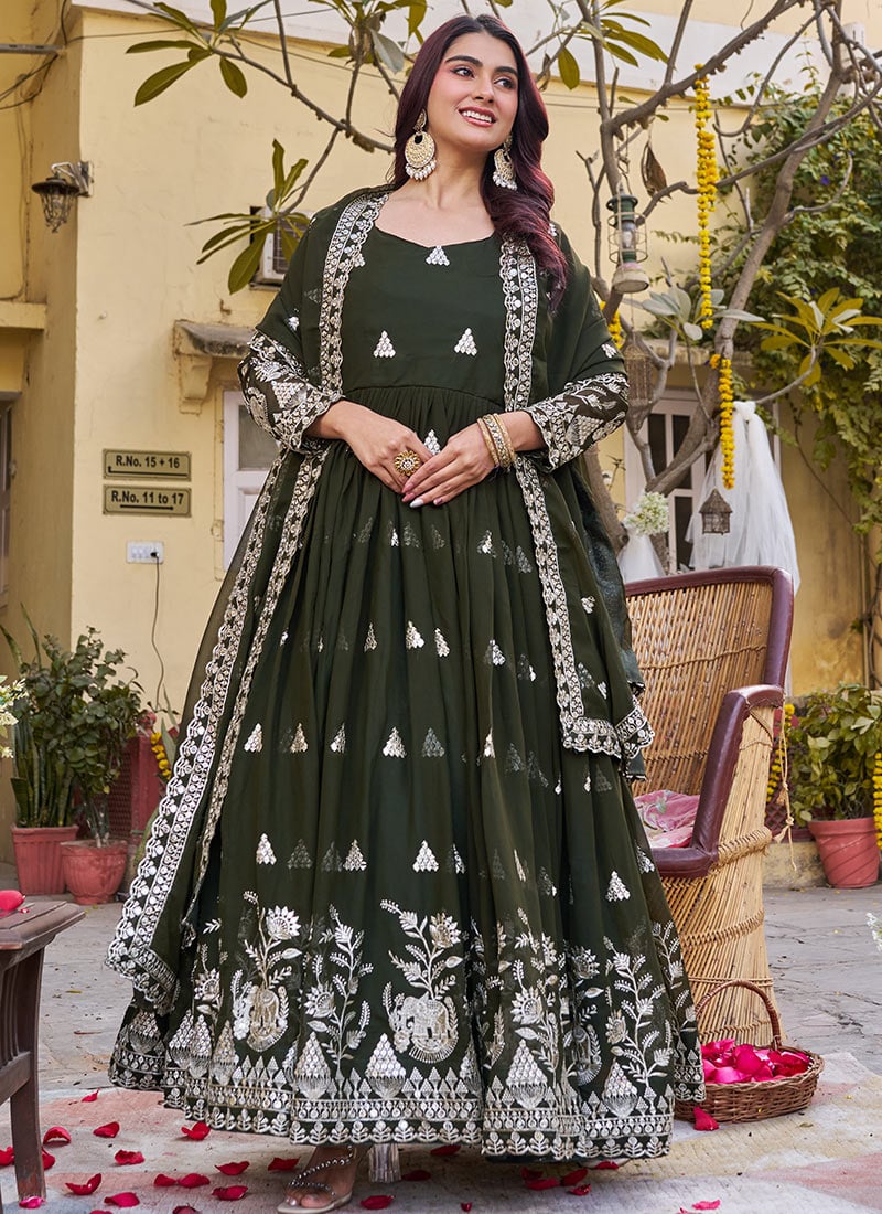Mehendi Green Faux Georgette Embroidered Sequins Anarkali Suit Festive Wear