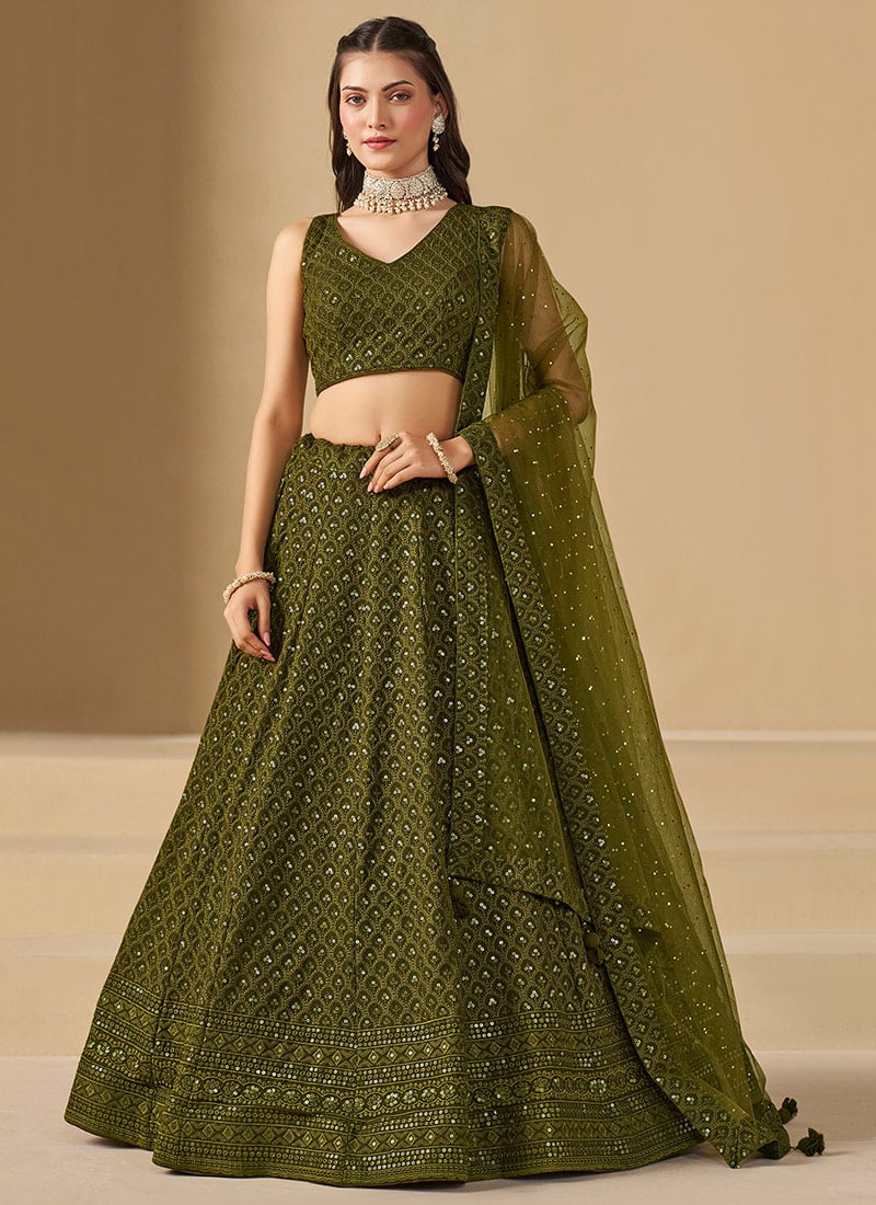 Mehendi Green Faux Georgette Embroidered Sequins Lehenga Wedding Wear