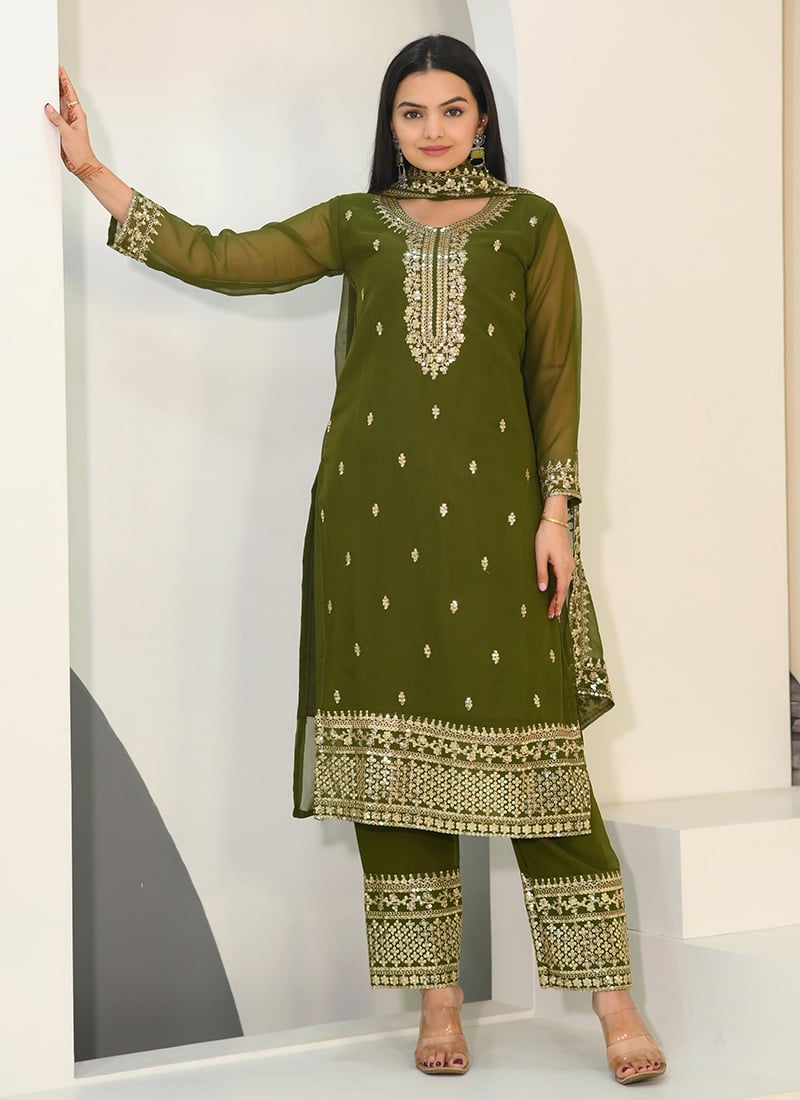 Mehendi Green Faux Georgette Embroidered Sequins Straight Pant Suit Festive Wear