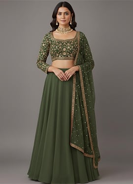 Mehendi Green Faux Georgette Foil Embroidered Zari Sequins Lehenga Set