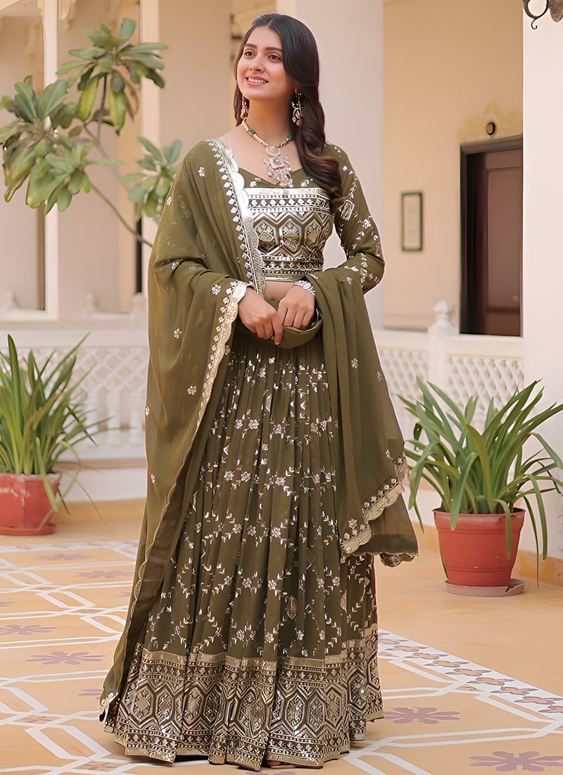 Mehendi Green Faux Georgette Foil Work Stunning Lehenga