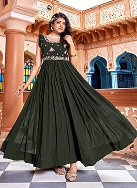 Mehendi Green Faux Georgette Sequins Embroidered Anarkali Gown