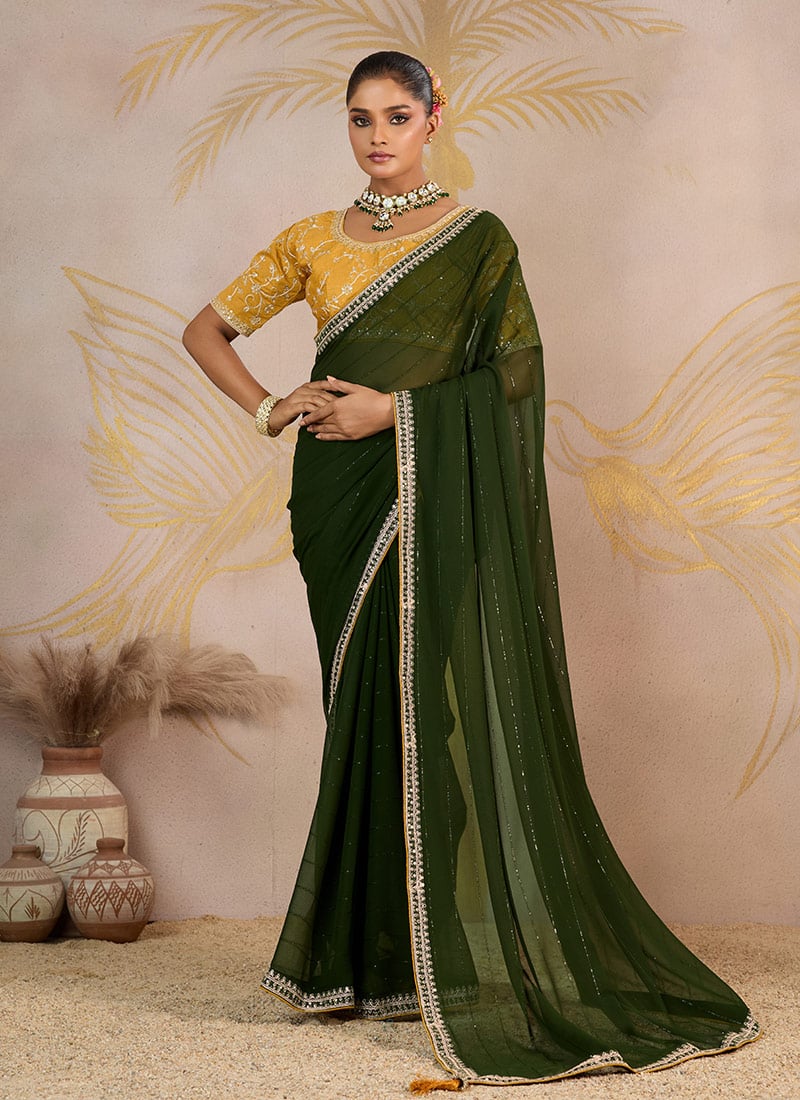 Mehendi Green Faux Georgette Zari And Embroidered Sequins Saree Festive Wear