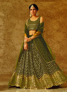 Mehendi Green Faux Georgette Zari Embroidered Sequins Gorgeous Lehenga