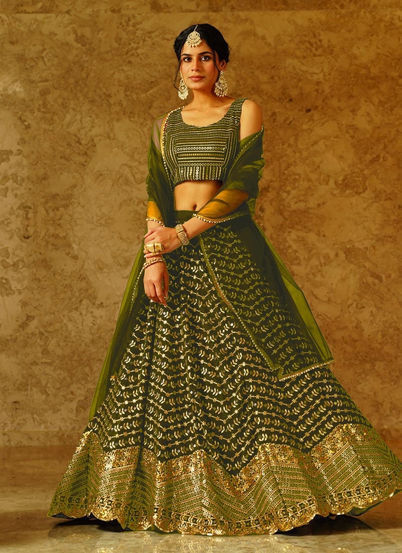 Mehendi Green Faux Georgette Zari Embroidered Sequins Gorgeous Lehenga