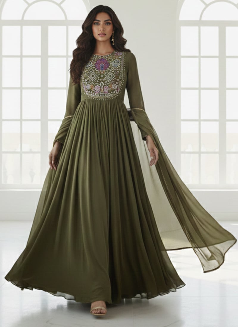 Mehendi Green Faux Georgette Zari Sequins Anarkali Suit Festive Wear