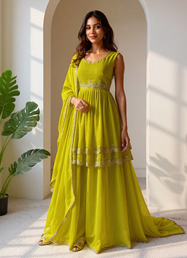 Mehendi Green Faux Georgette Zari Sequins Palazzo Suit Festive Wear