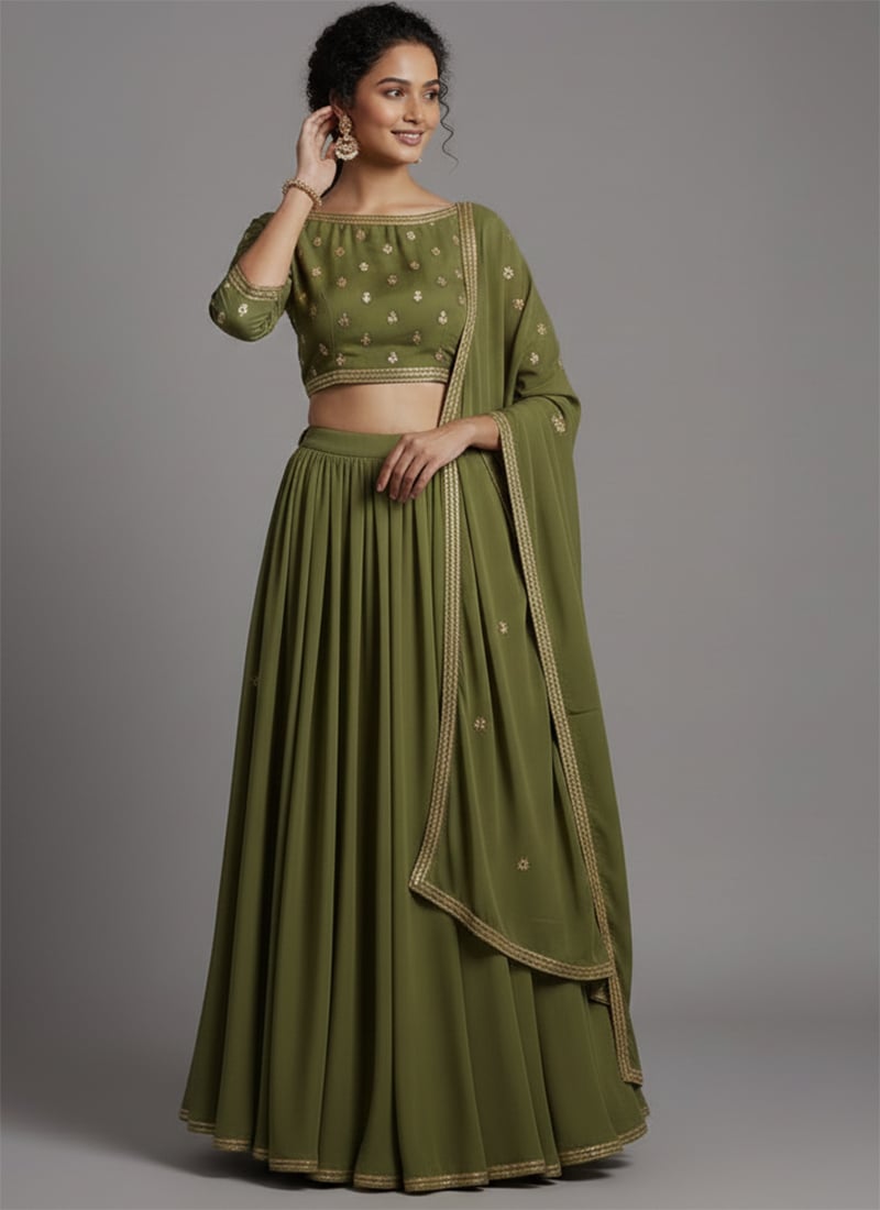 Mehendi Green Faux Georgette Zari Work  Lehenga Festive Wear