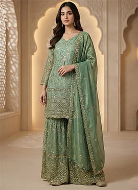 Mehendi Green Fendy Crush Silk Embroidered Sequins Sharara Suit