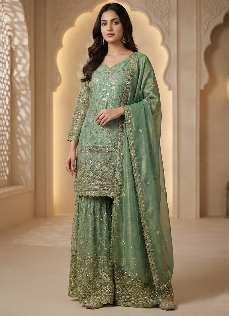 Mehendi Green Fendy Crush Silk Embroidered Sequins Sharara Suit Festive Wear