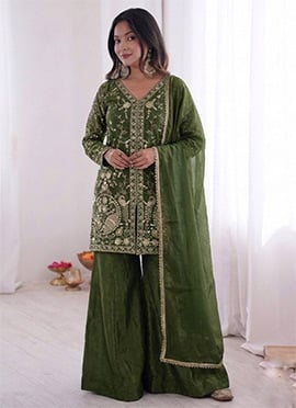 Mehendi Green Fendy Silk Embroidered Sequins Palazzo Suit