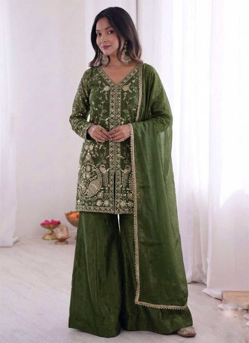 Mehendi Green Fendy Silk Embroidered Sequins Palazzo Suit Festive Wear