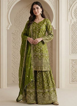 Mehendi Green Fendy Silk Embroidered Sequins Sharara Suit