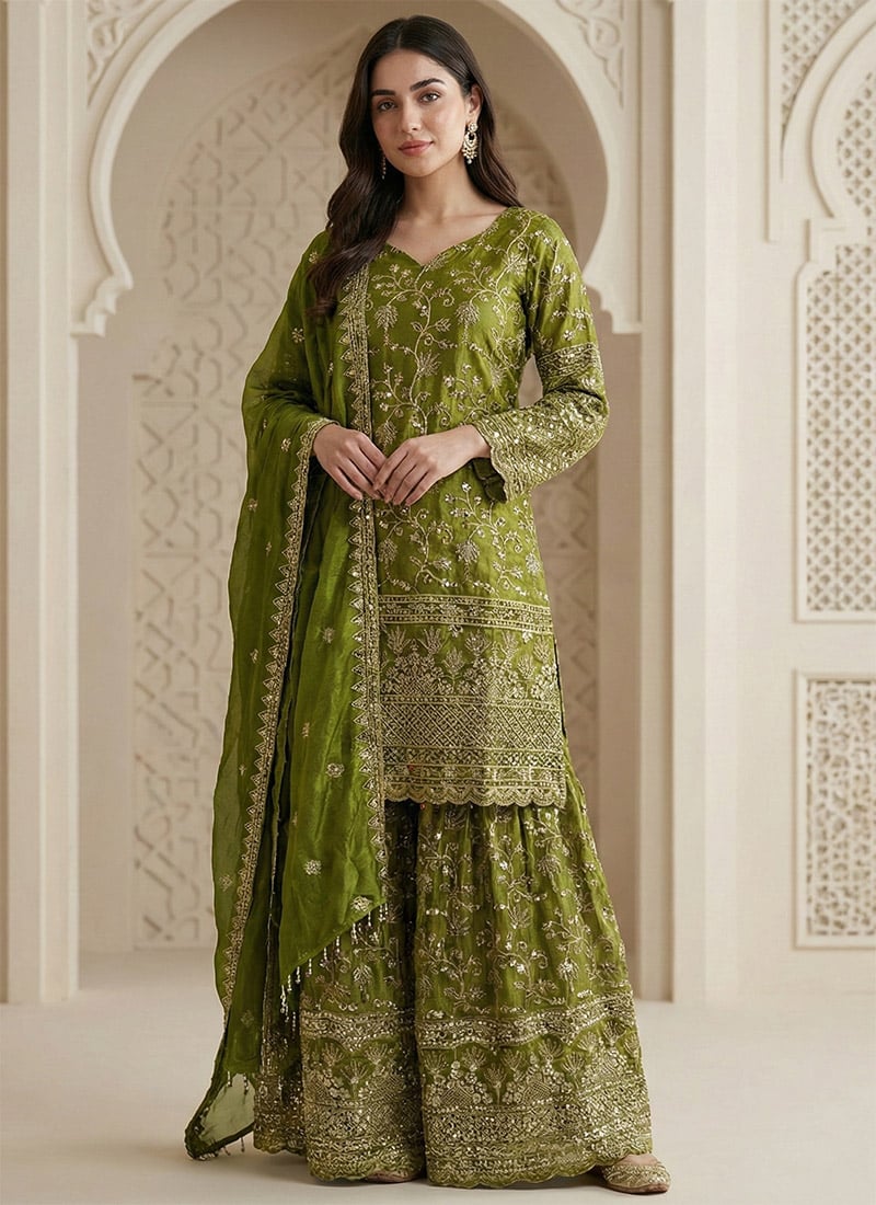 Mehendi Green Fendy Silk Embroidered Sequins Sharara Suit Festive Wear