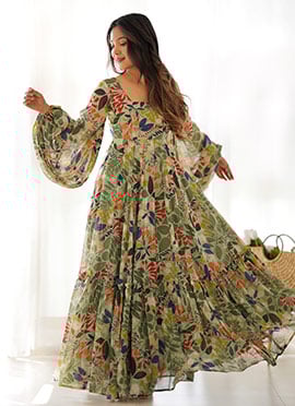 Mehendi Green Floral Print Georgette Fit And Flare Dress