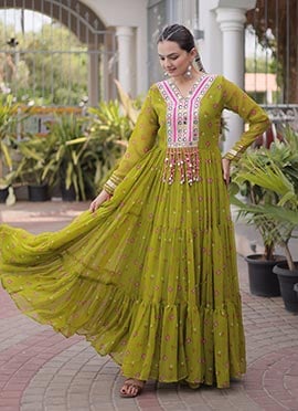 Mehendi Green Georgette Bandhini Printed Kutchi Patch Work Navratri Gown