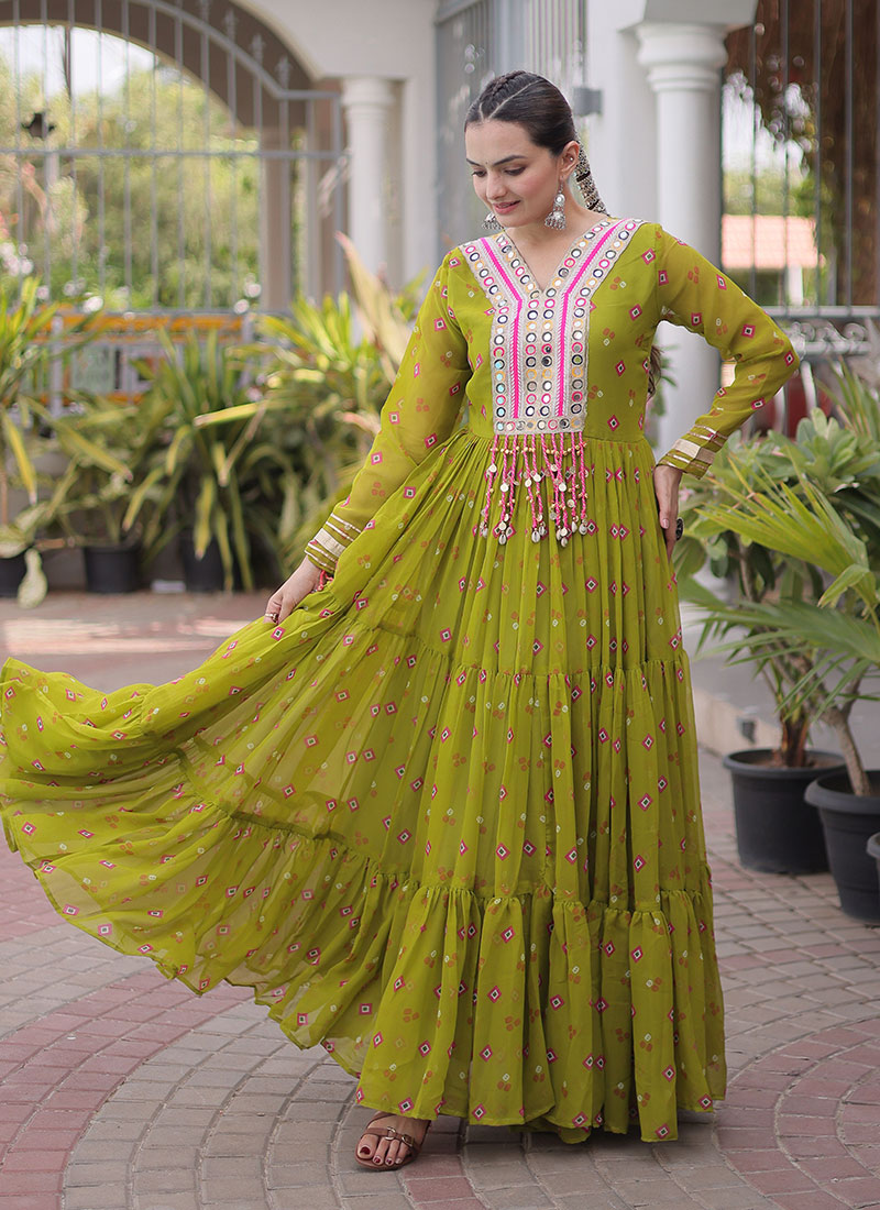 Mehendi Green Georgette Bandhini Printed Kutchi Patch Work Navratri Gown Festive Wear