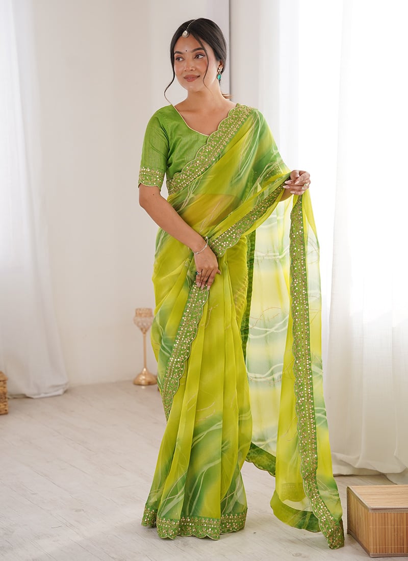 Mehendi Green Georgette Chiffon Leheriya Foil Printed Saree After Six Wear
