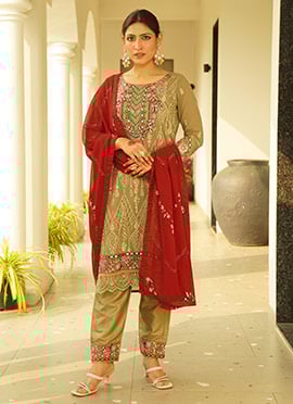 Mehendi Green Georgette Embroidered Mirror Work Sequins Palazzo Suit