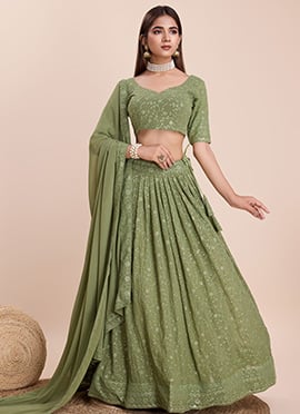 Mehendi Green Georgette Embroidered Sequins Lehenga With Choli And Dupatta