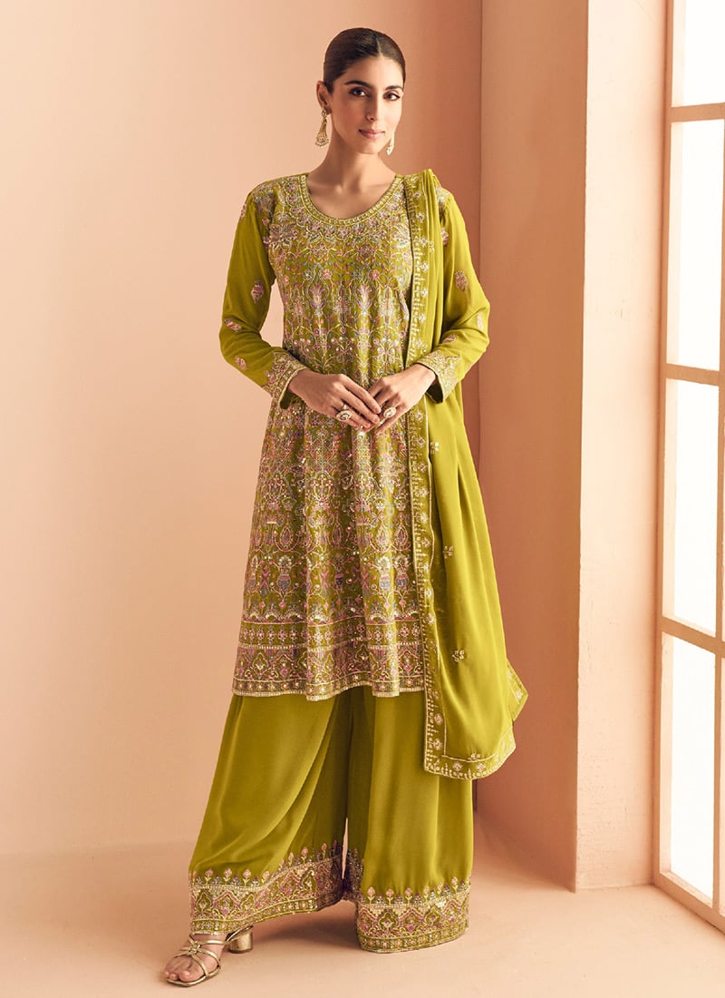 Mehendi Green Georgette Embroidered Sequins Stone Work Palazzo Suit Festive Wear