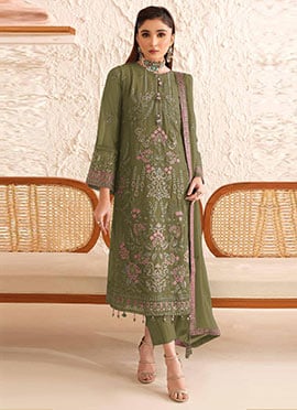 Mehendi Green Georgette Embroidered Sequins Straight Pant Suit Set