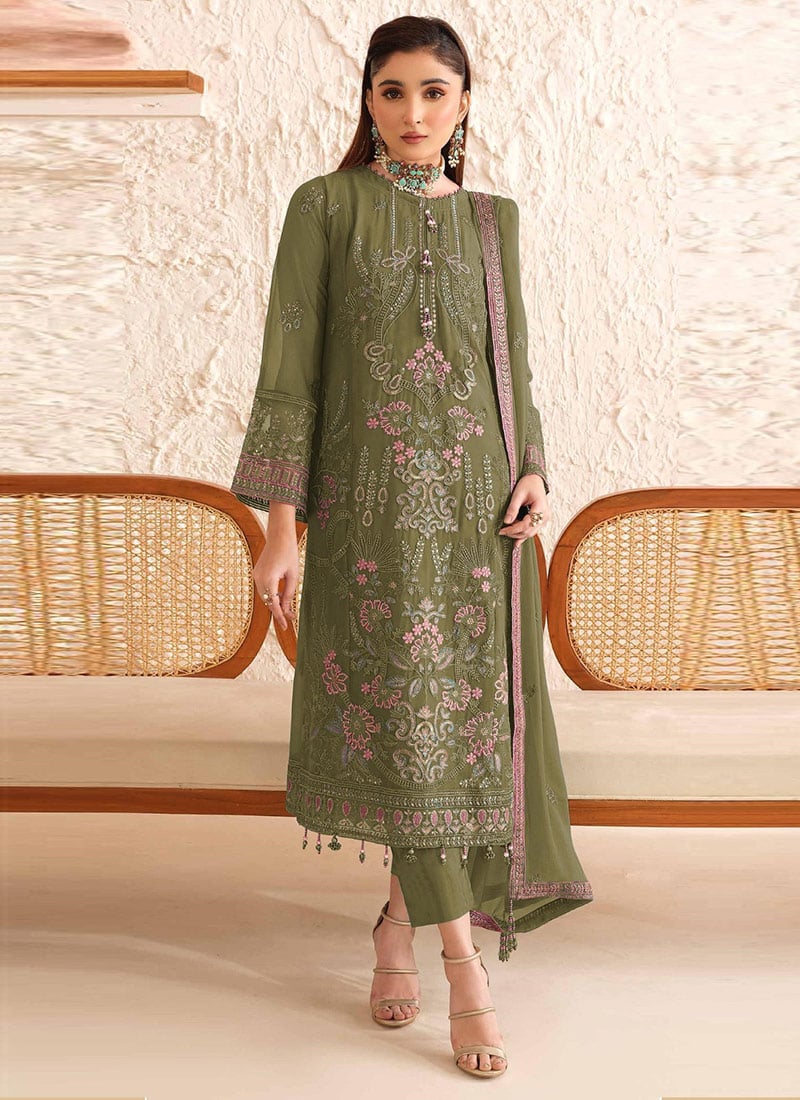 Mehendi Green Georgette Embroidered Sequins Straight Pant Suit Set Festive Wear