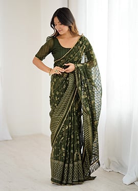 Mehendi Green Georgette Foil Print Saree After Six Wear