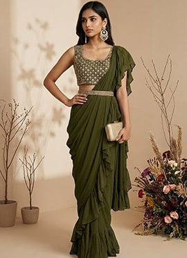 Mehendi Green Georgette Hand Embroidered Sequins Pre Draped Saree