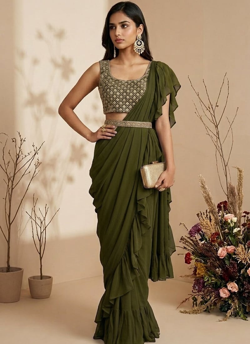 Mehendi Green Georgette Hand Embroidered Sequins Pre Draped Saree Wedding Wear